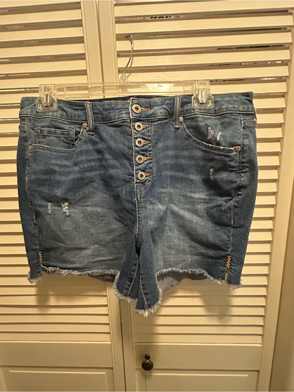 torrid Blue High-Rise Button-Fly Distressed Jean Shorts